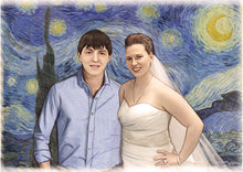 Load image into Gallery viewer, Color portrait with background - wedding theme drawing with Vincent Van Gogh drawn background - colour portrait - drawings and portraits from your photos - drawking.com - DrawKing