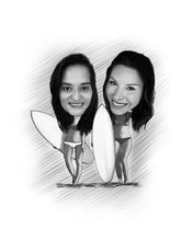 Load image into Gallery viewer, Black and white caricature as a character - Girls drawn with surfboard - Black & white portrait - drawings and portraits from your photos - drawking.com - DrawKing