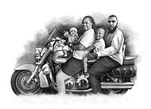 Load image into Gallery viewer, Black and white portrait with a large object - Family on motorbike - Black & white portrait - drawings and portraits from your photos - drawking.com -