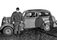 Load image into Gallery viewer, Black and white portrait with a large object - Man stood with car - Black & white portrait - drawings and portraits from your photos - drawking.com - Drawking