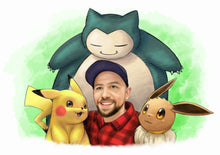 Load image into Gallery viewer, Color portrait - man drawn with Pikachu and Pokemon characters - colour portrait - drawings and portraits from your photos - drawking.com - DrawKing
