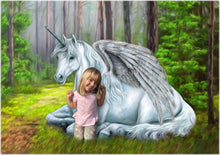 Load image into Gallery viewer, Color portrait with background - girl drawn with unicorn in forest - colour portrait - drawings and portraits from your photos - drawking.com - DrawKing