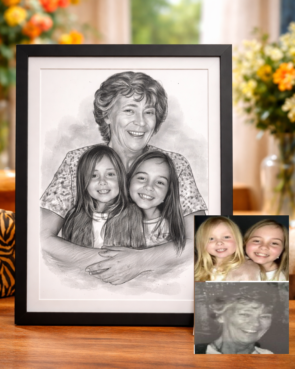 aDrawKing custom black and white pencil portrait of grandmother with two granddaughters drawn from photos